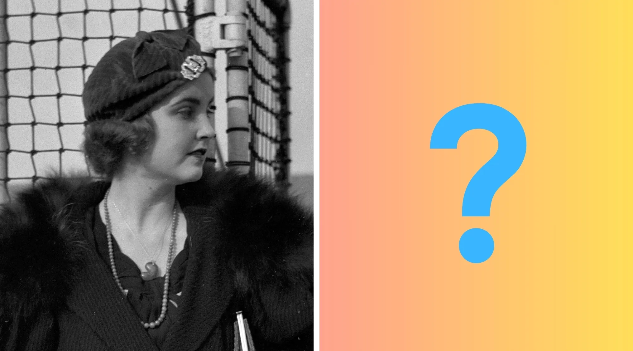 Black and white photo of Barbara Hutton wearing a fur coat and jade necklace, paired with a large blue question mark.