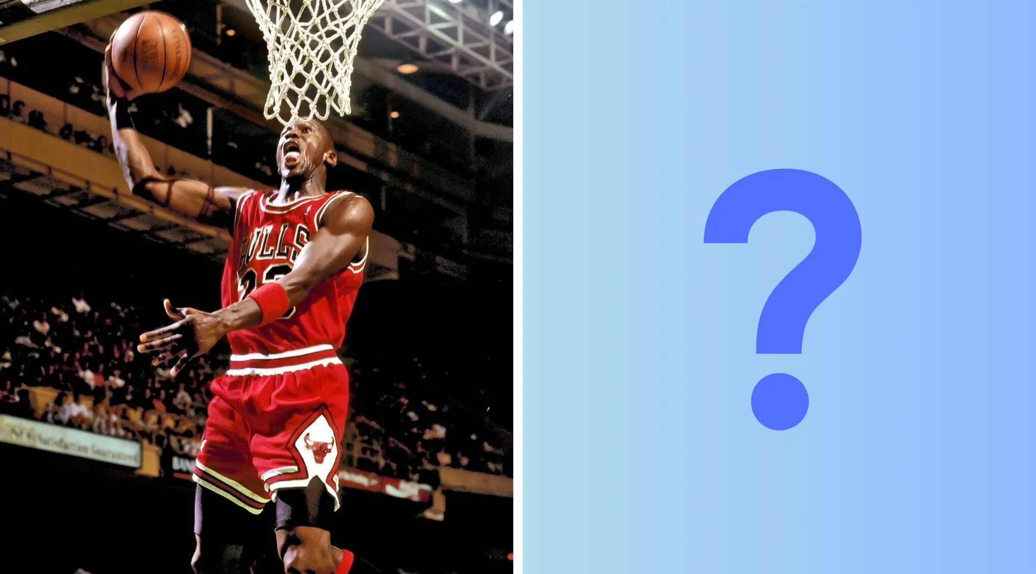 Michael Jordan dunking in 1998 NBA Finals jersey with a question mark symbolizing guess the price of sold items.