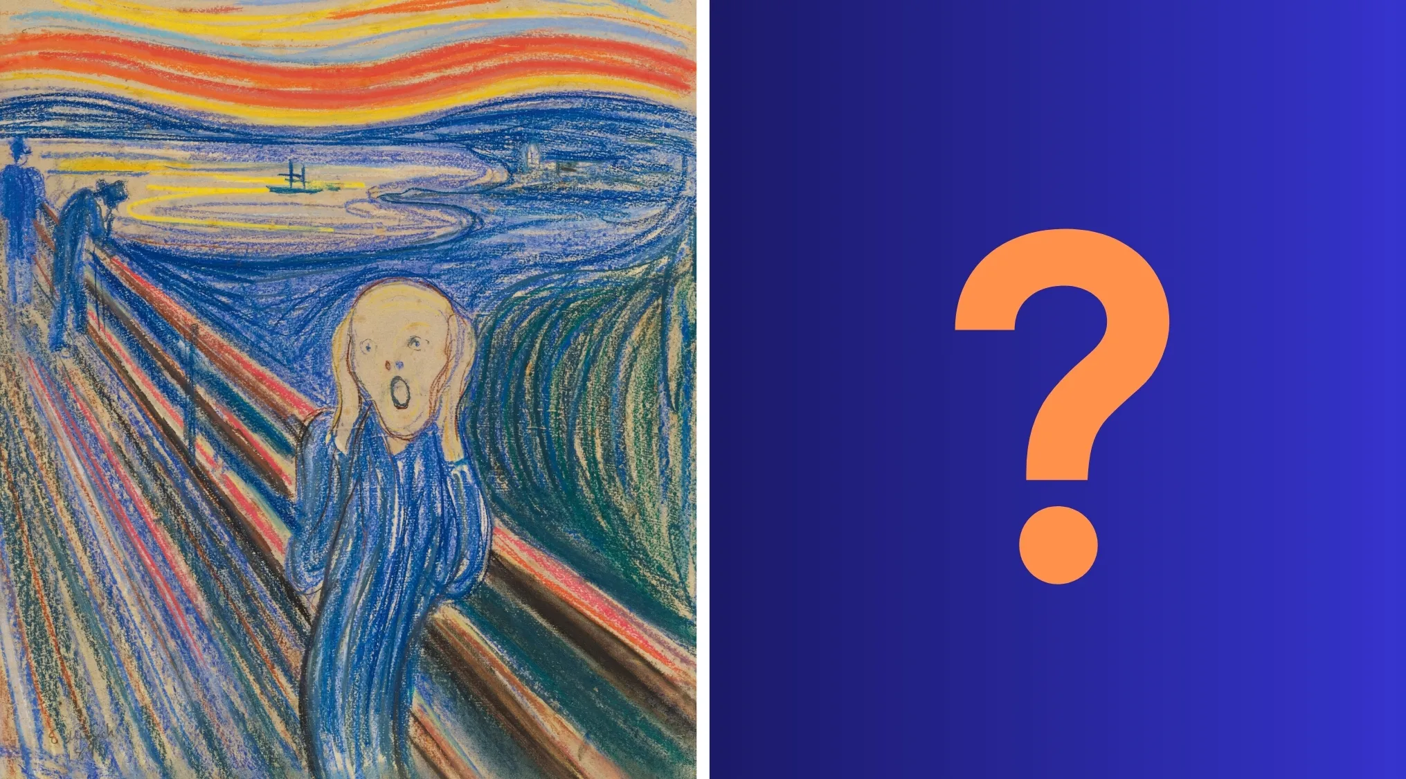 Edvard Munch’s The Scream painting displayed next to a large orange question mark on blue background.