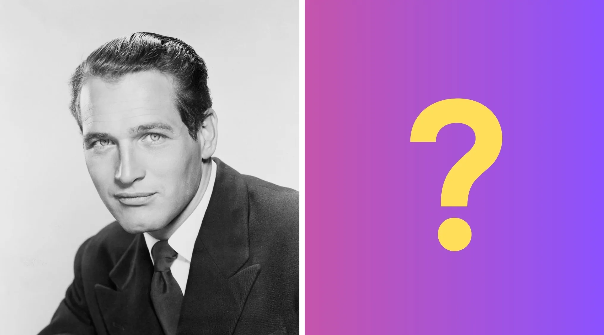 Black and white photo of a man in a suit with a purple and blue background featuring a large yellow question mark.