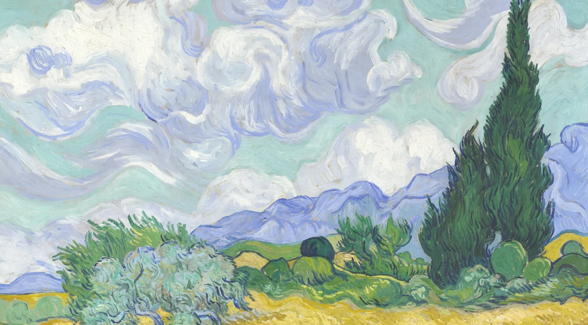 A Wheatfield with Cypresses by Vincent van Gogh vibrant landscape with swirling clouds and tall cypress trees in 1993 sale.