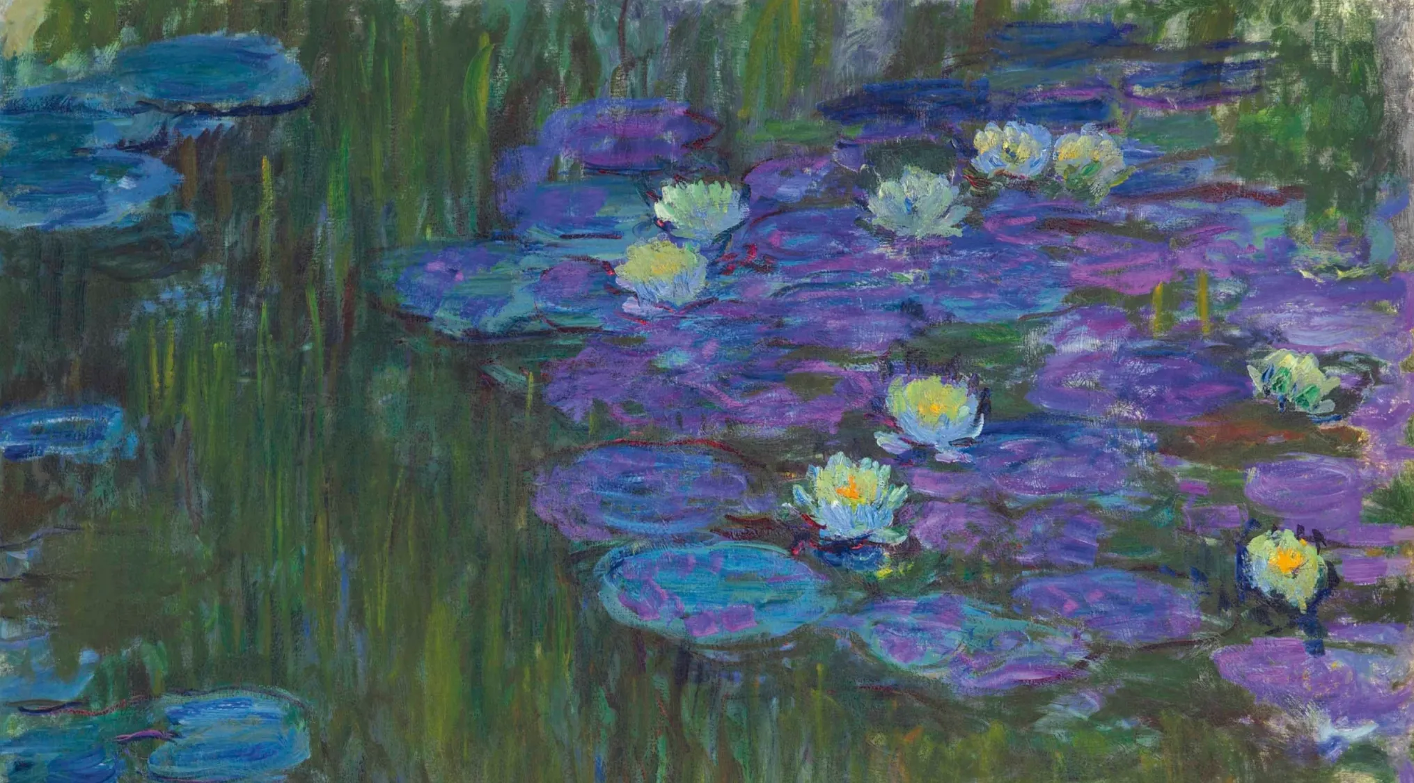 Claude Monet's Nymphéas en fleur painting featuring purple and blue water lilies in an impressionist style artwork.