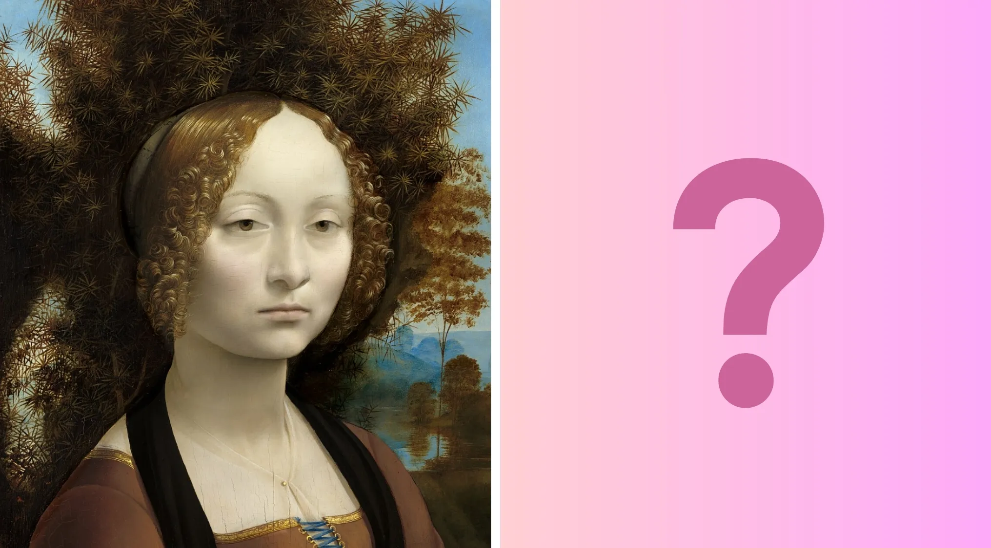 Leonardo da Vinci's Ginevra de Benci portrait on left, pink background with large question mark on right.