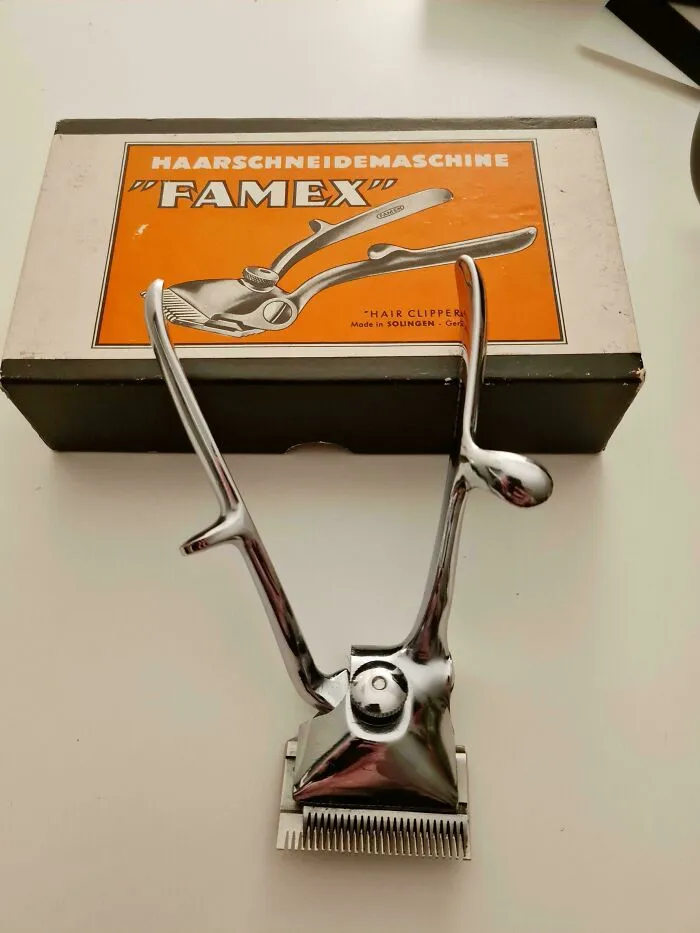 Vintage mechanical manual hair clippers, one of many old products still functioning after decades of daily use.