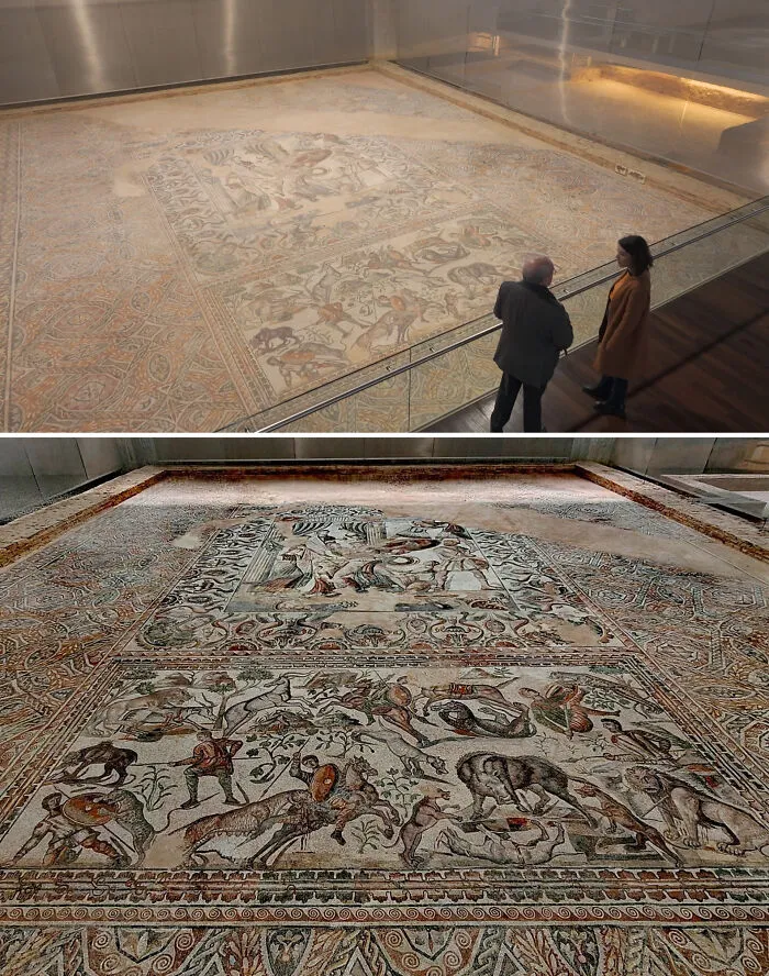 Massive ancient Roman mosaic floors featured as historical finds.