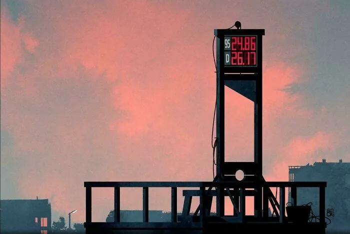 Minimalism of a gas station price display against sunset sky