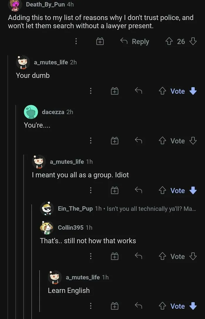 Reddit thread showing users being sure they graduated English but making grammar mistakes and arguments.