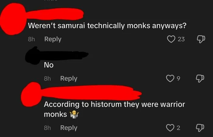 Screenshot of a social media comment thread showing people 100% sure but wrong about samurai being warrior monks.