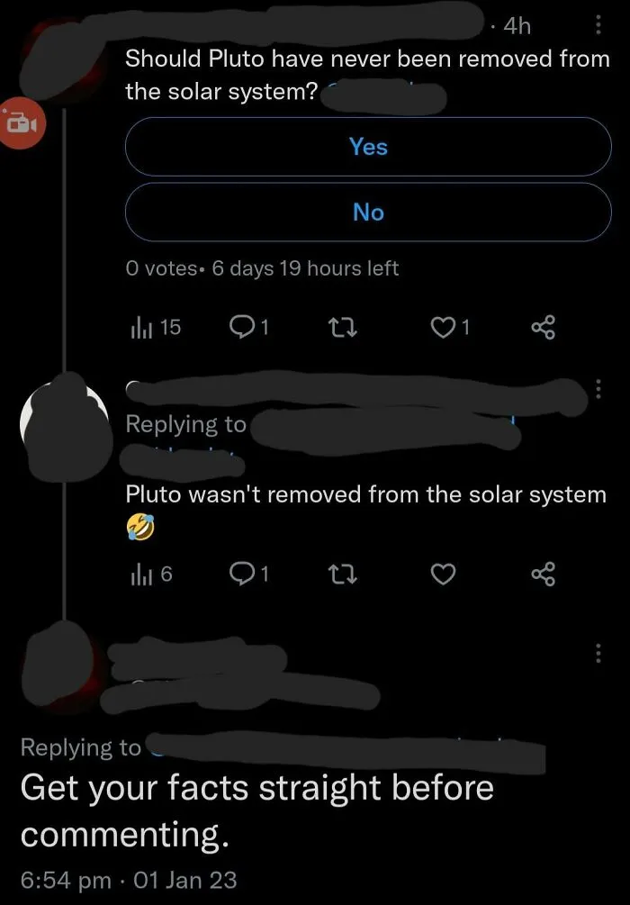 Screenshot of a social media poll about Pluto's solar system status with users 100% sure but 100% wrong.