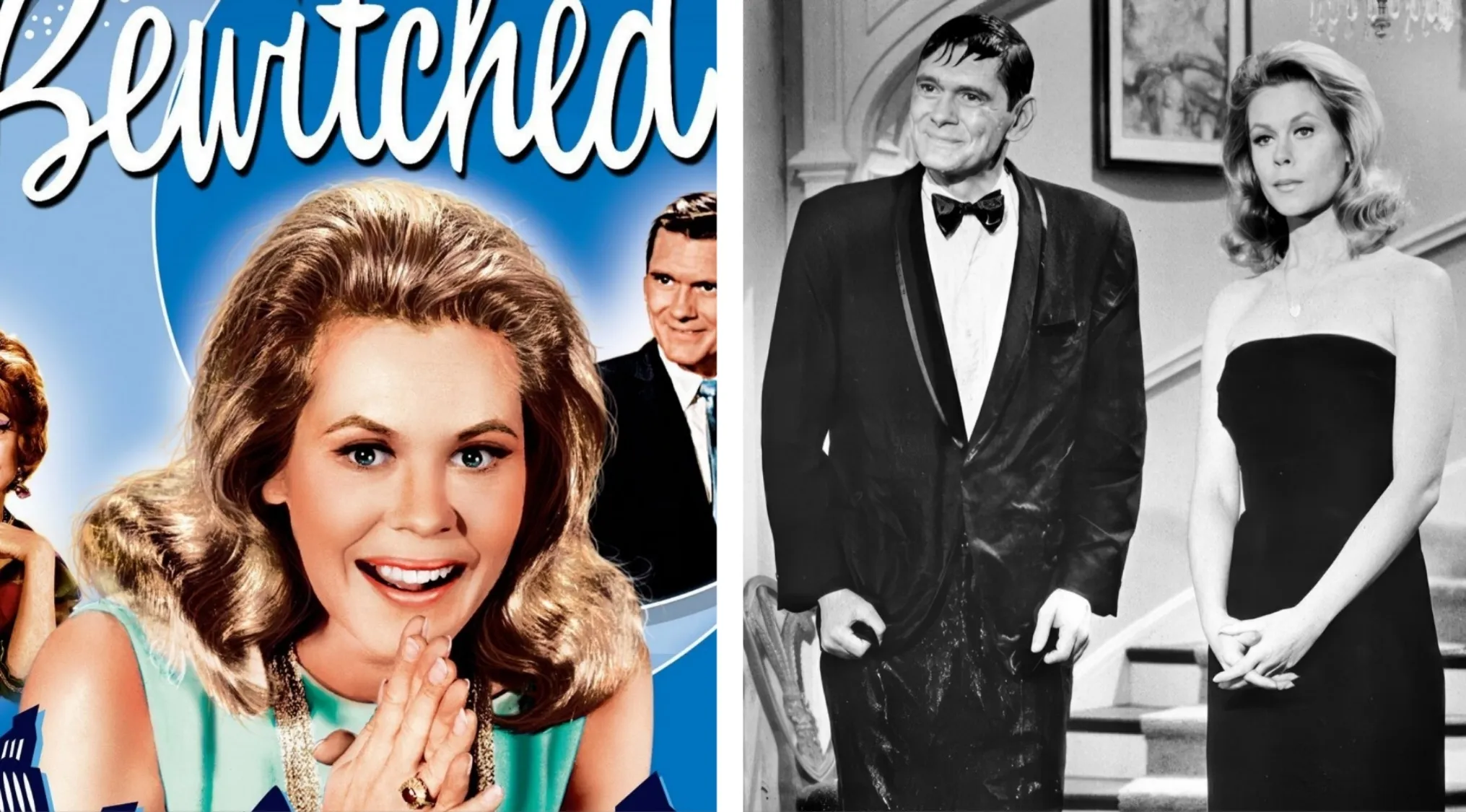 Colorful Bewitched poster featuring Samantha with clasped hands and black and white photo of two characters in formal attire.