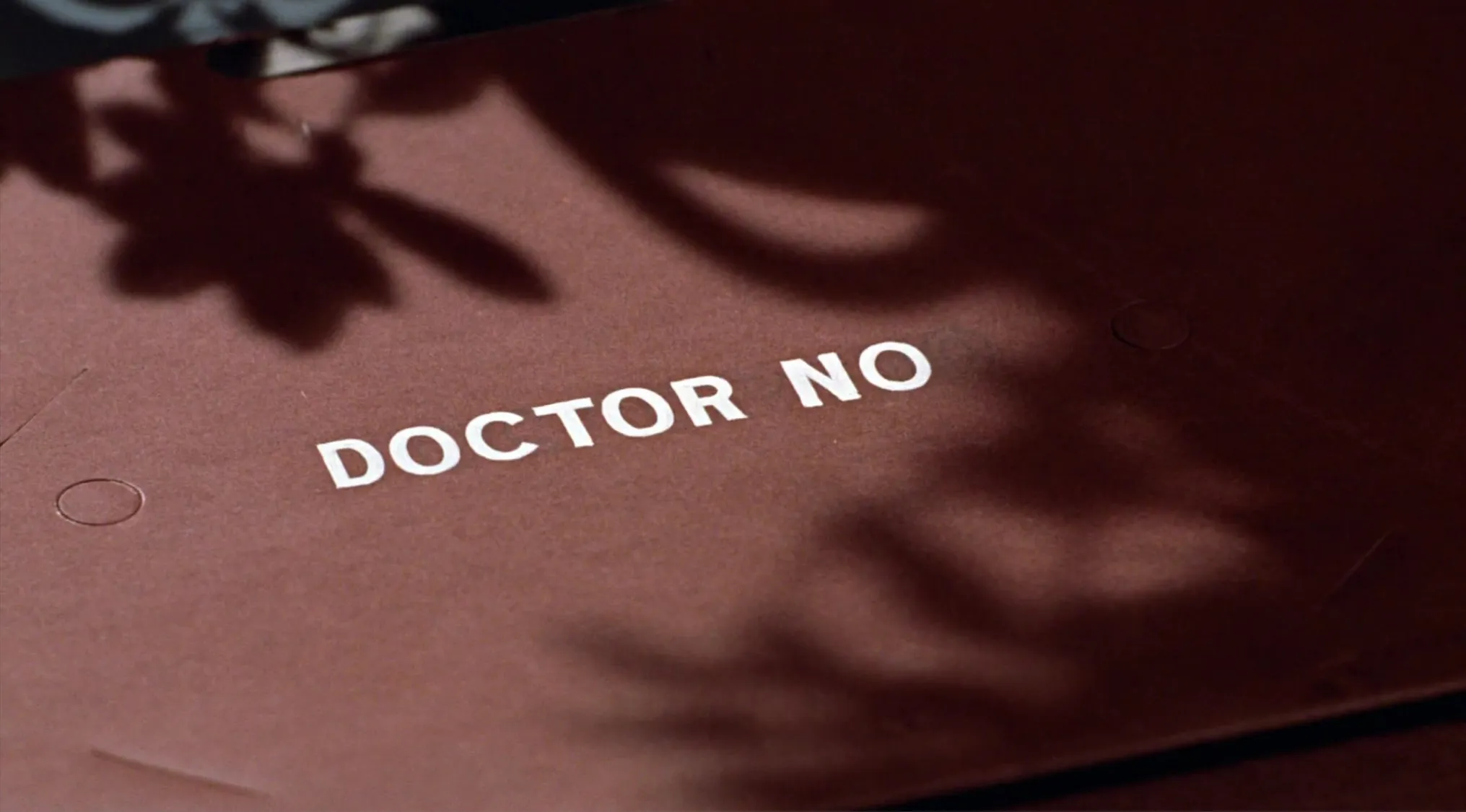 Close-up of doctor no title on a brown folder shadowed by leaves referencing 60s pop culture spy film series.