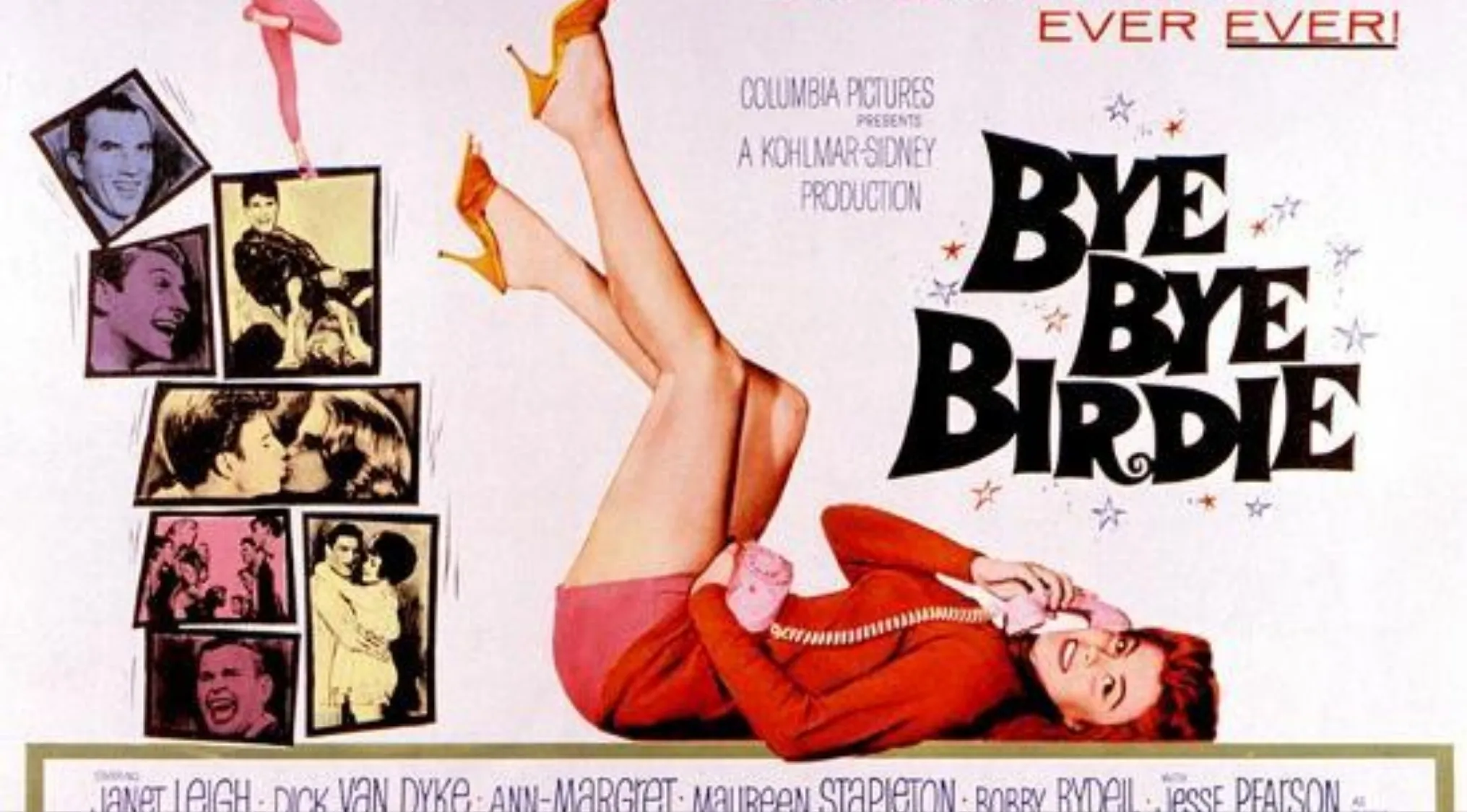 Bye Bye Birdie movie poster with a woman in red outfit, referencing 60s pop culture and musical trends parody.