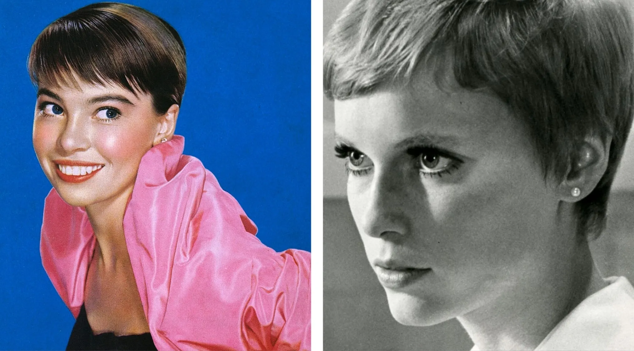 Two women with pixie cut hairstyles, one smiling in color wearing a pink outfit, the other in black and white with a serious expression.