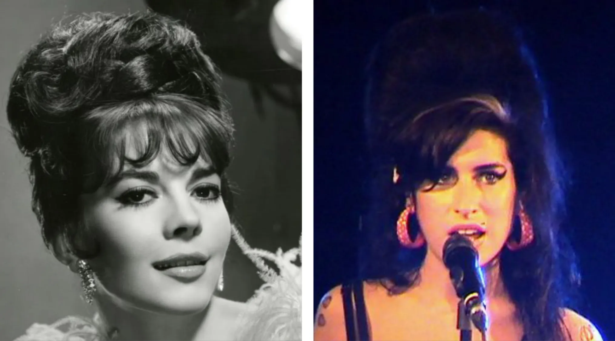 Two women with beehive hairstyles, one in a black and white portrait and the other singing on stage with a microphone.
