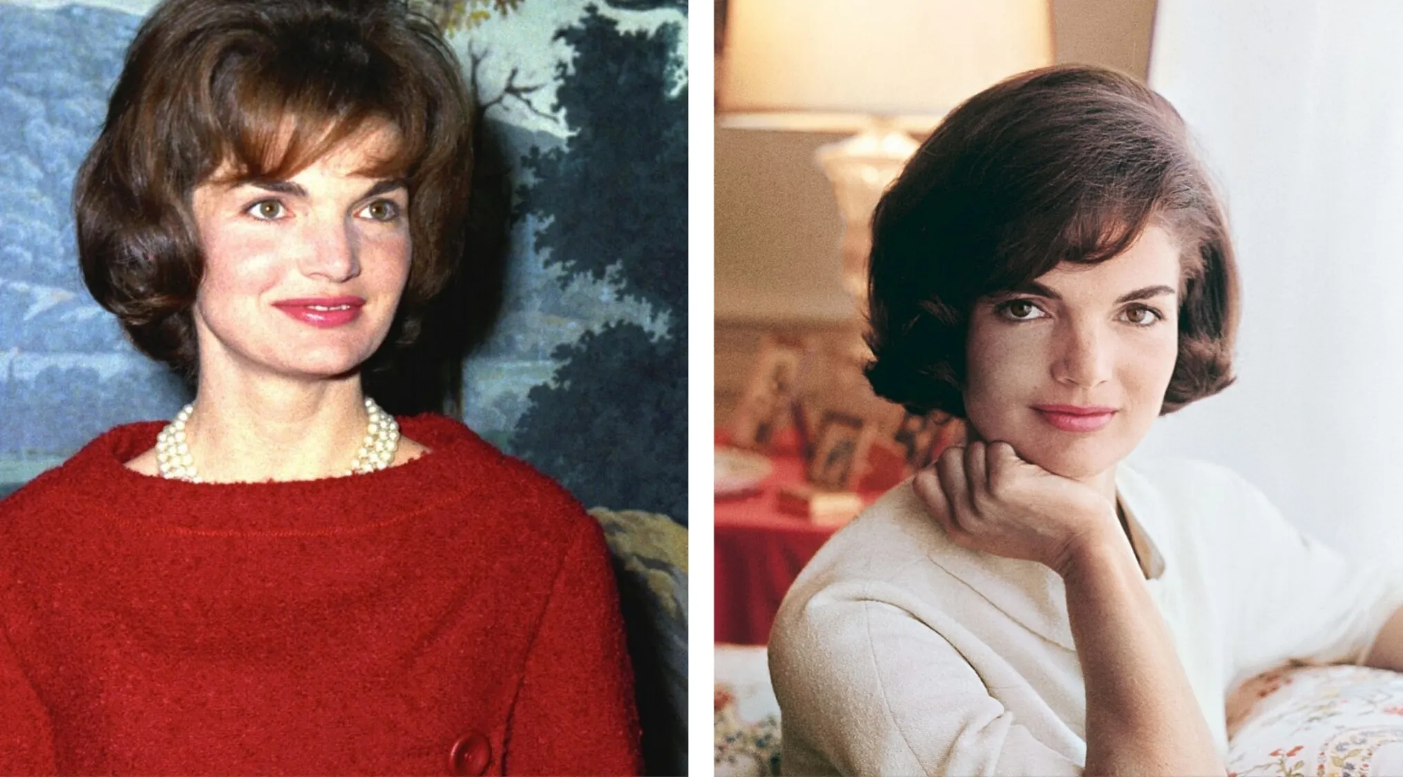 Jackie Kennedy showcasing her iconic ‘60s hairstyle with a bouffant and elegant vintage look in two portraits.