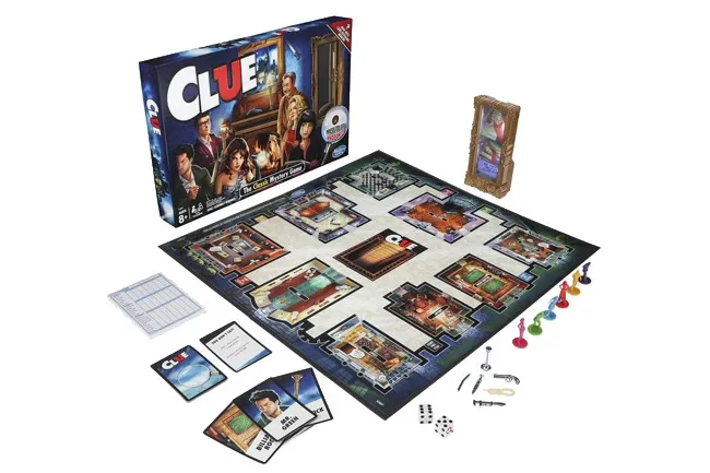 Clue board game set up with game board, character cards, playing pieces, weapons, dice, and boxed packaging.