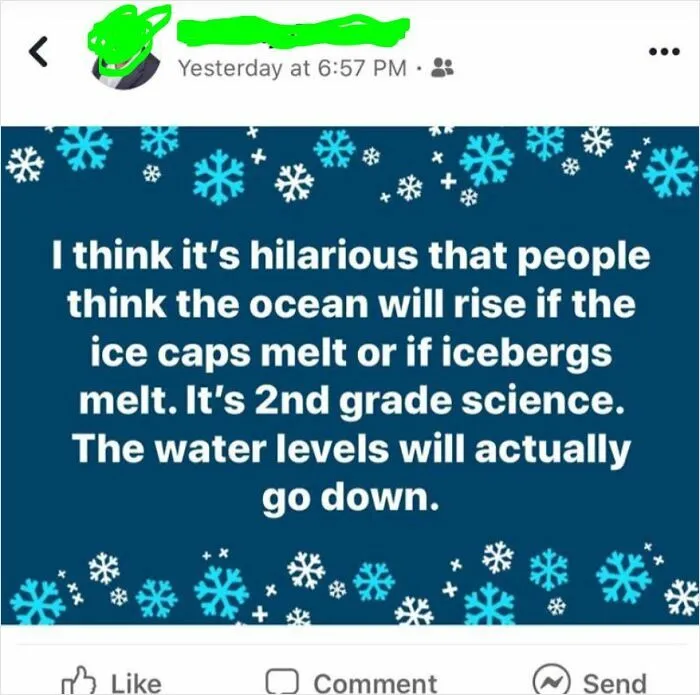 Social media post humorously showing a science misconception about ocean levels, highlighting people being sure but wrong.