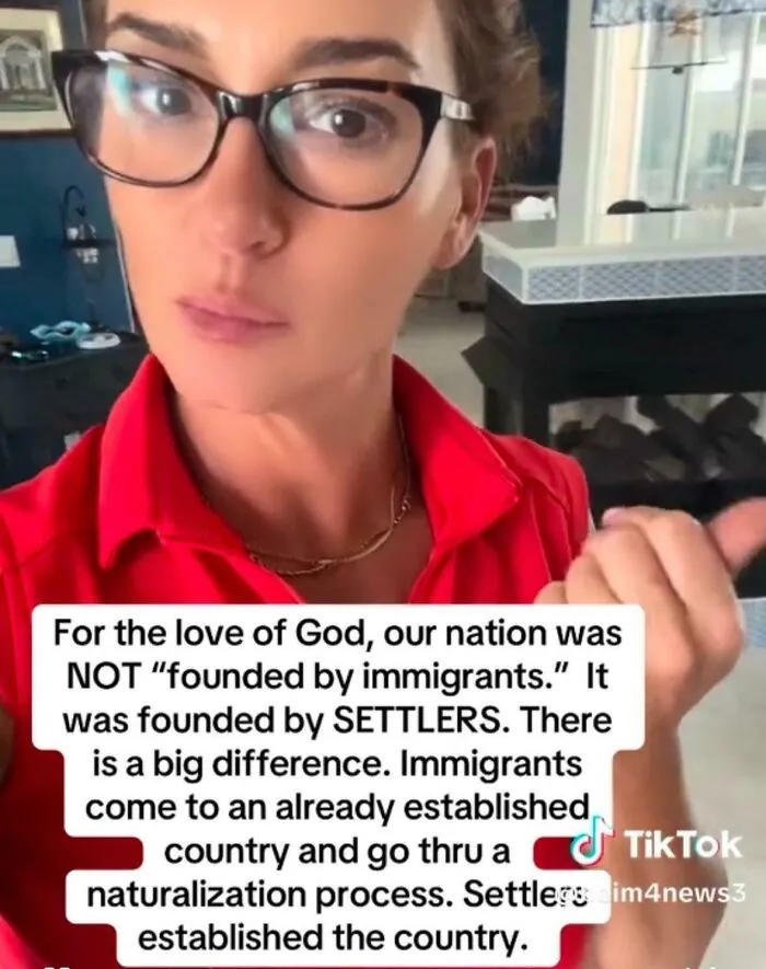 Woman wearing glasses and red shirt explaining the difference between settlers and immigrants, highlighting being sure but wrong.