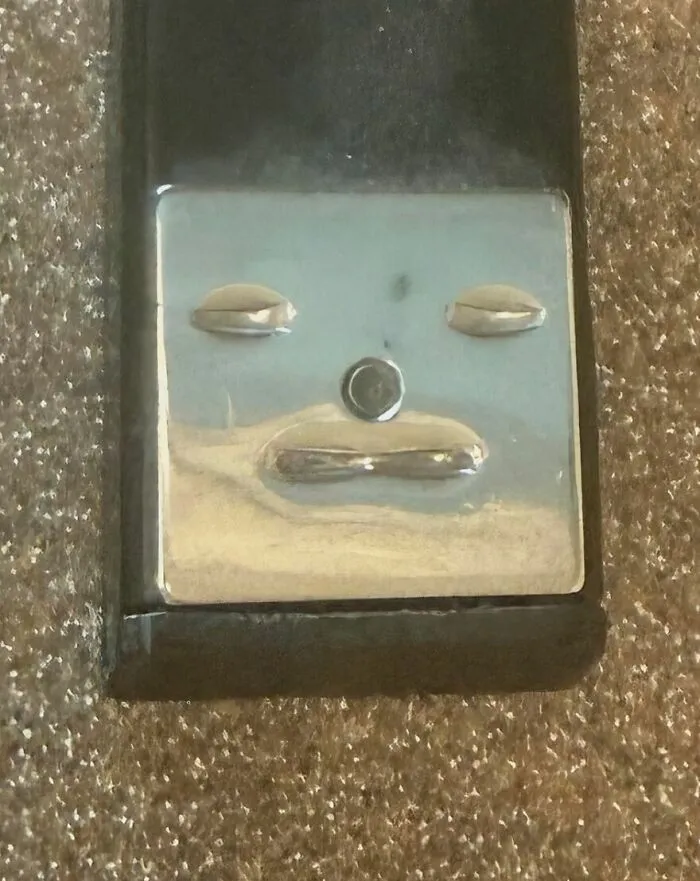 A metal switch on a textured surface resembling a face, an example of pareidolia captured in an everyday object.