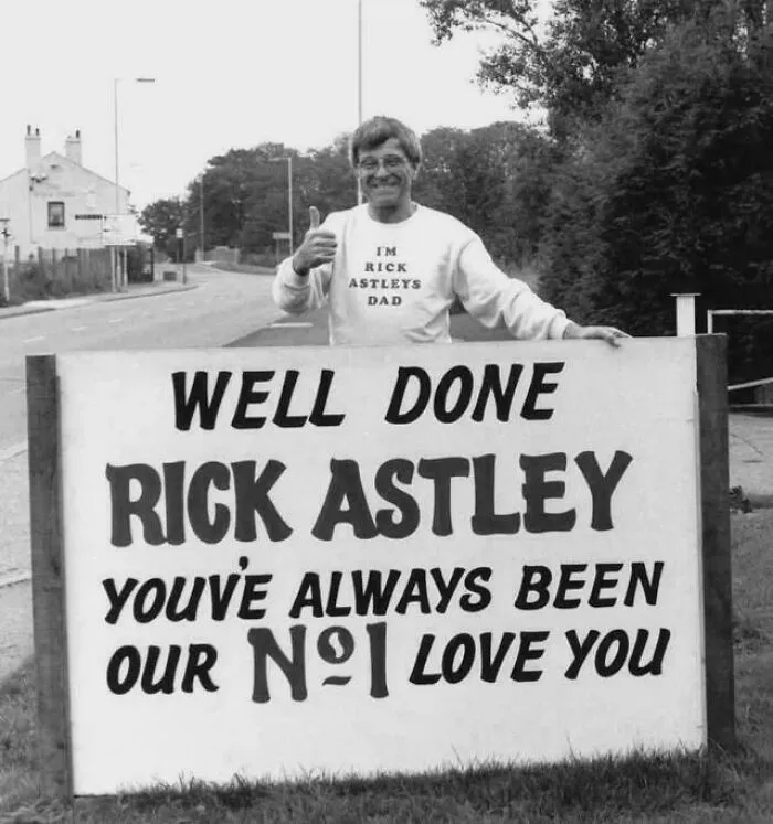 Rick Astley's Father Ossie Astley Celebrating "Never Gonna Give You Up" Making It To #1 On The UK Charts In 1987