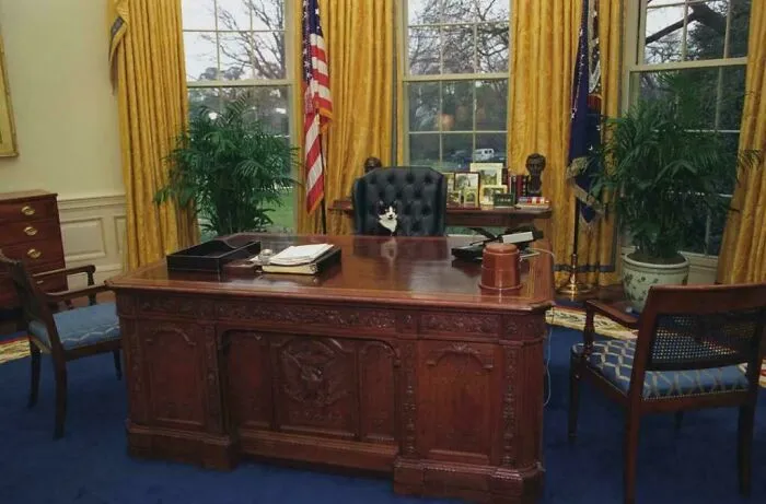 Socks The Cat Sitting Behind President Clinton’s Desk In The Oval Office. January 7, 1994