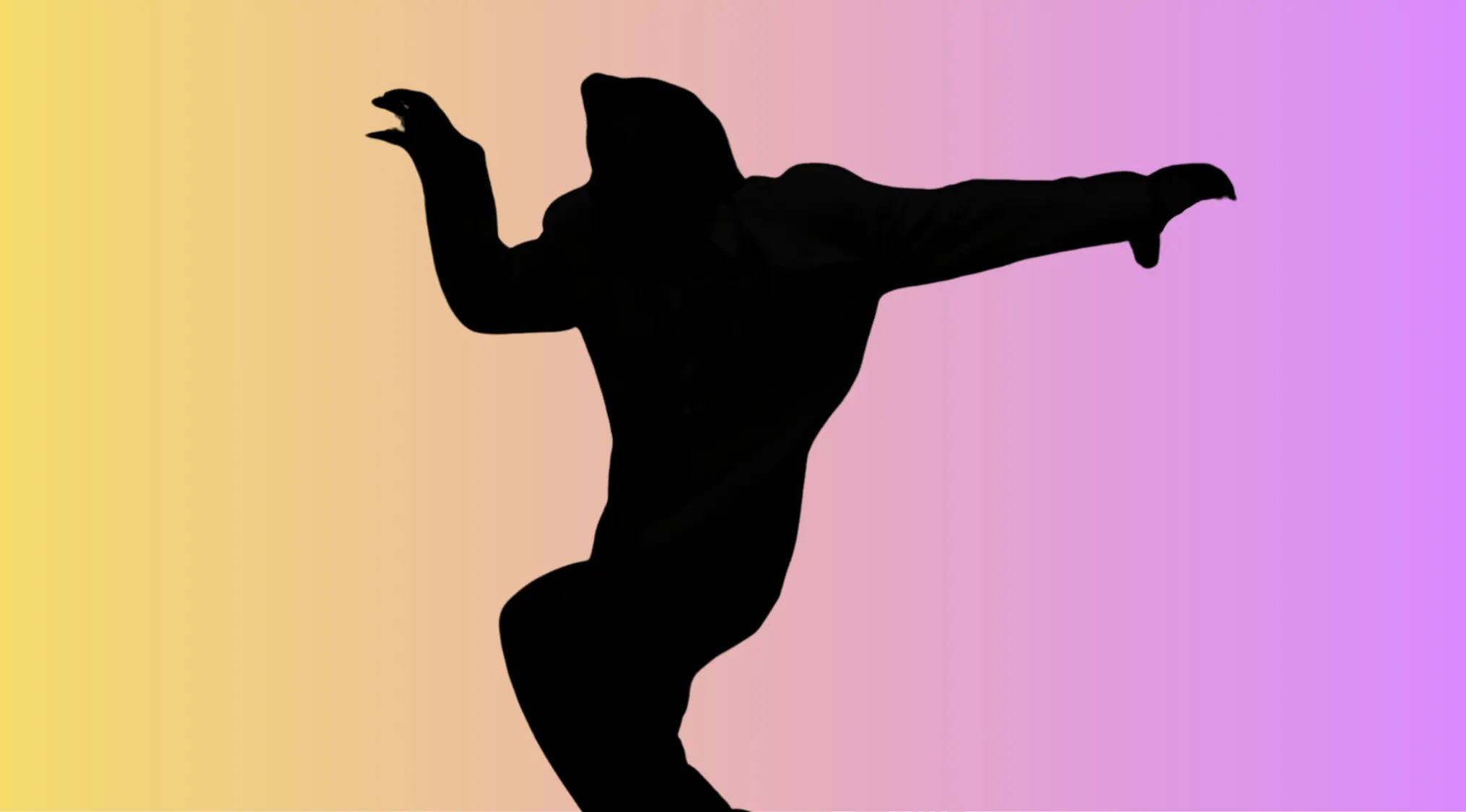 Silhouette of a jumping character wearing a hooded jacket on a pastel yellow to purple gradient background for quiz.