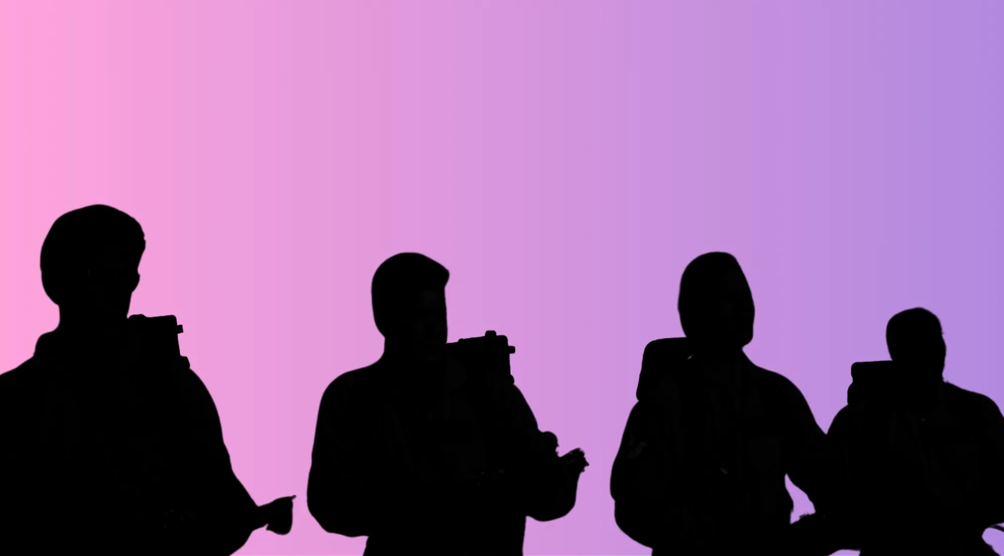 Silhouettes of four characters against a purple and pink gradient background in a character silhouettes quiz film group.