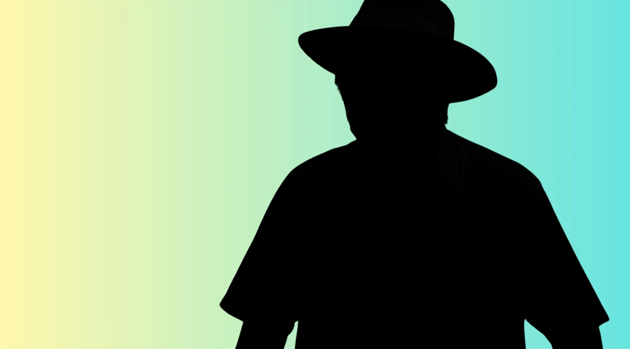 Silhouette of a Jurassic Park character wearing a wide-brimmed hat against a soft gradient background.