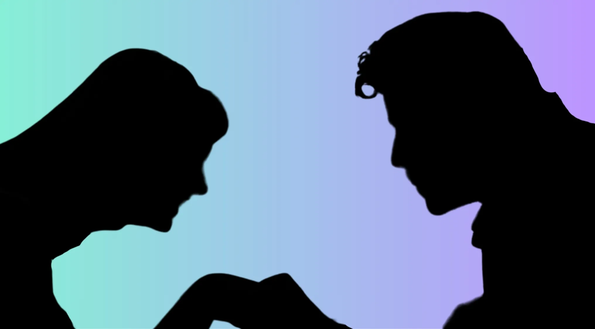 Silhouettes of two characters facing each other against a gradient background for musical character silhouettes quiz.