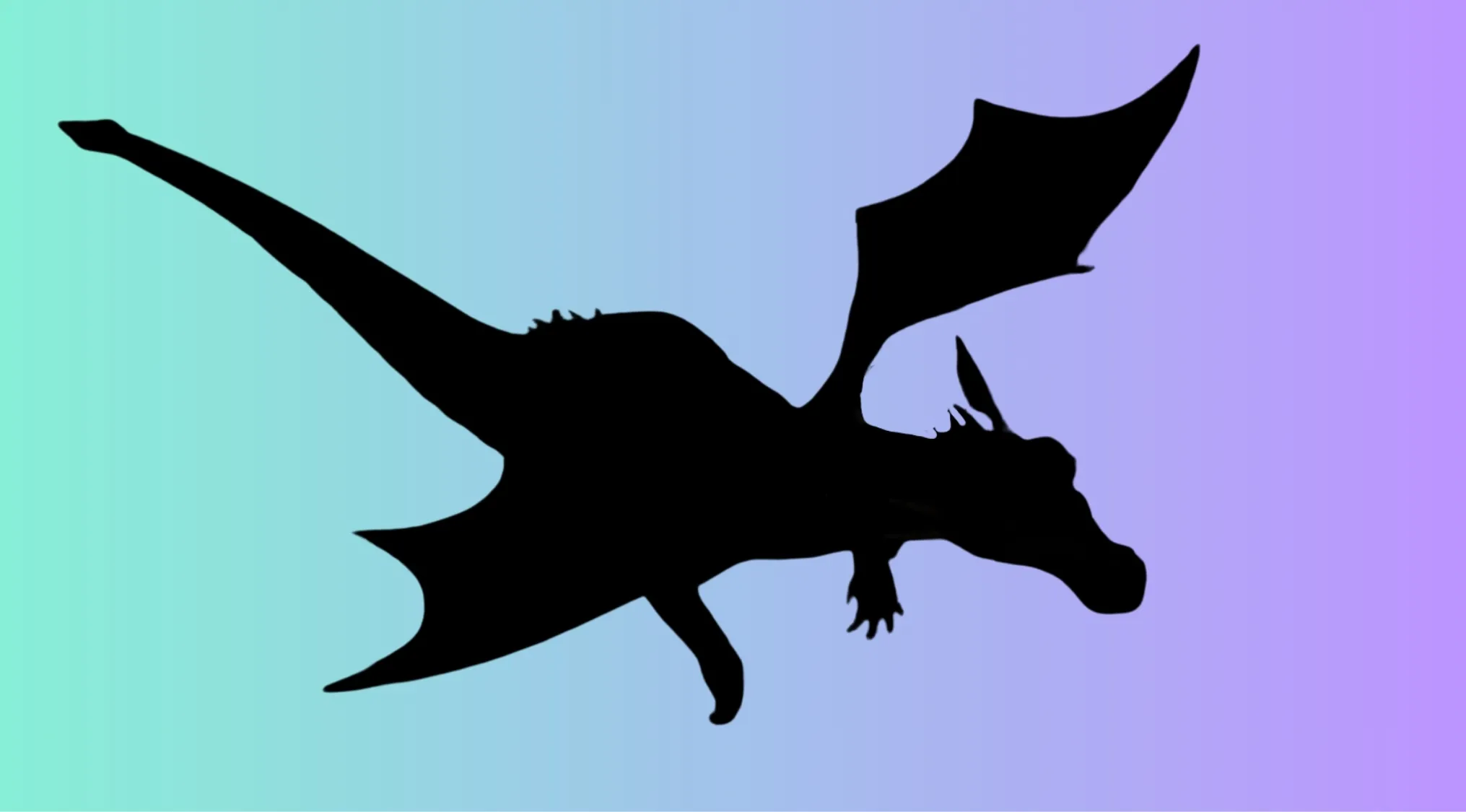 Silhouette of a flying dragon character against a blue to purple gradient background for character silhouettes quiz.