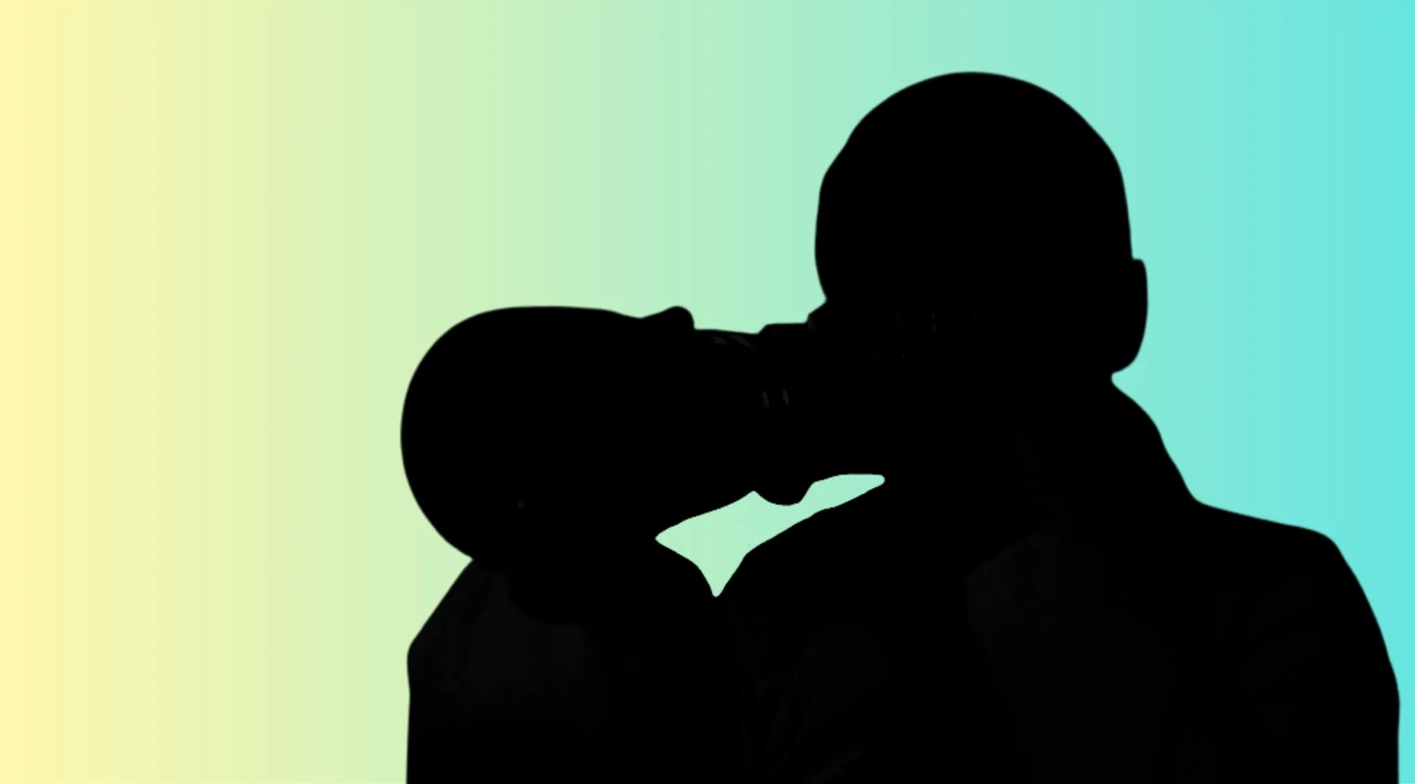 Silhouette of a character drinking from a bottle against a yellow and blue gradient background for film quiz.