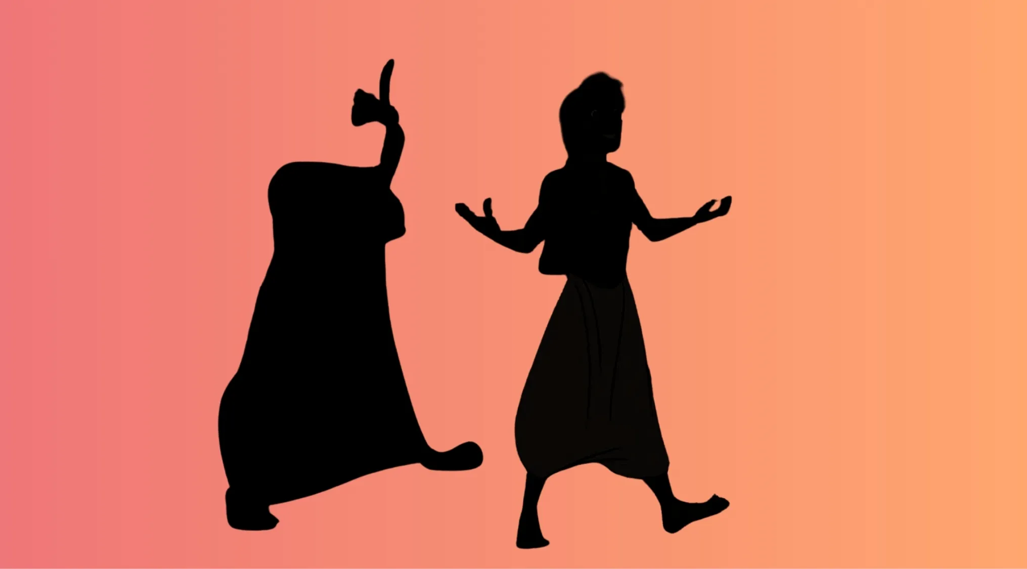 Silhouettes of two animated characters posing with a gradient orange background in character silhouettes quiz style