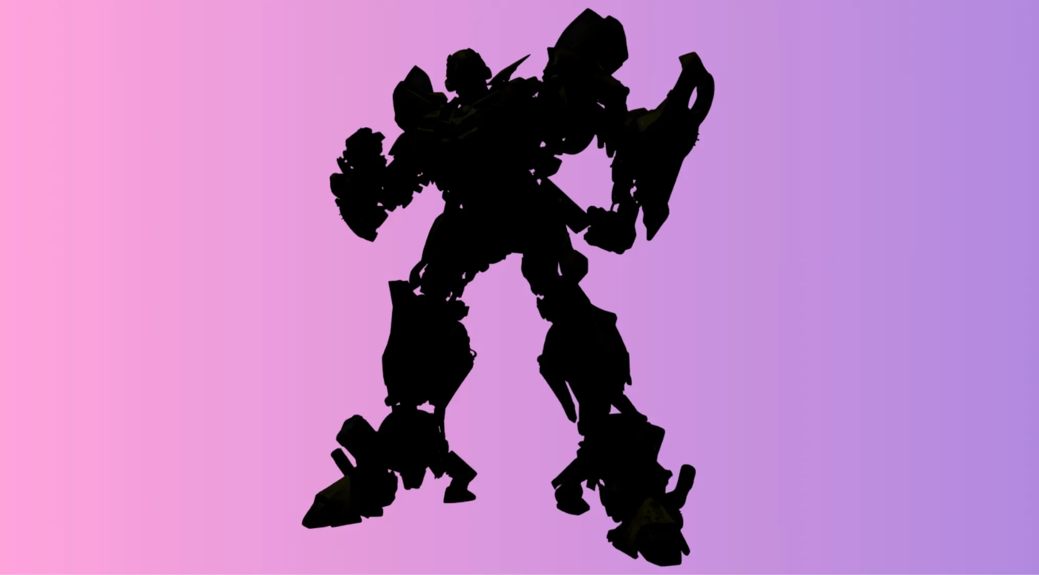 Silhouette of a complex robot character with large arms and legs against a pink and purple gradient background for quiz.