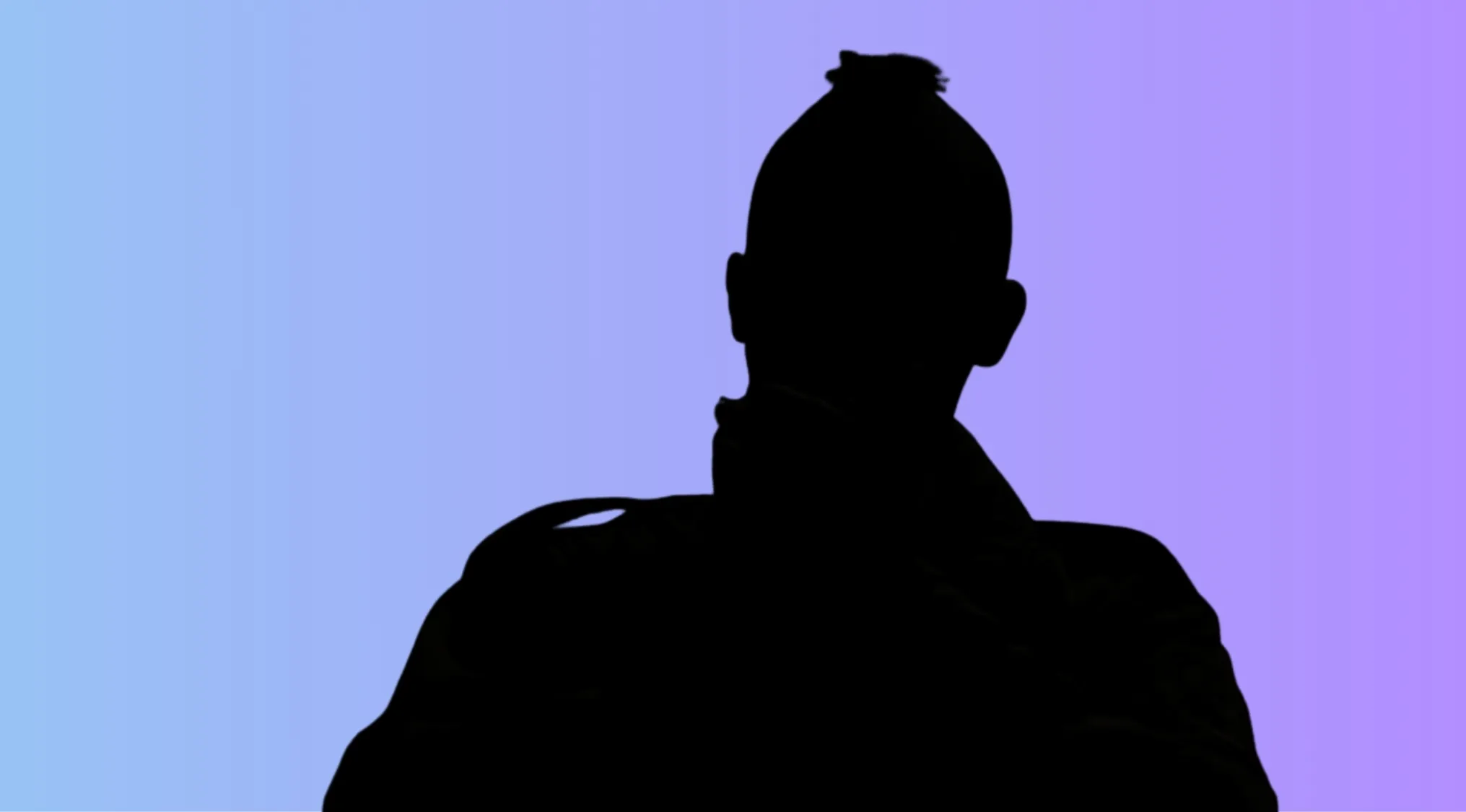Silhouette of a character against a blue and purple gradient background for character silhouettes quiz film guessing.