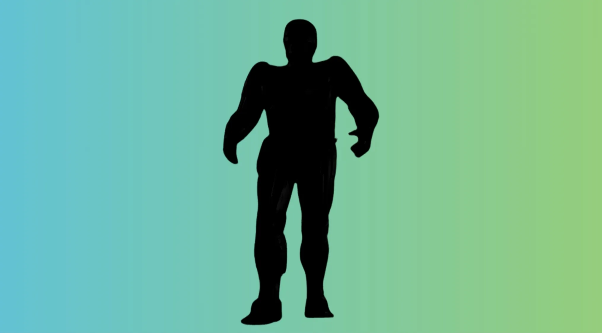 Silhouette of a humanoid character with distinct bulky arms on a blue to green gradient background in character silhouettes quiz.