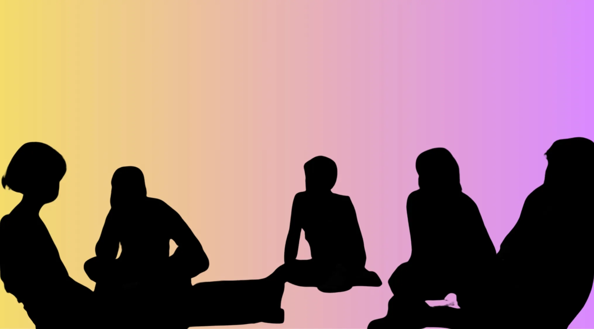 Silhouettes of five characters sitting against a colorful gradient background in a character silhouettes quiz.