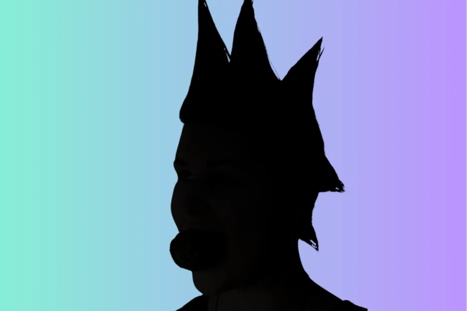 Silhouette of Miranda Priestly wearing a pointed crown against a blue and purple gradient background.