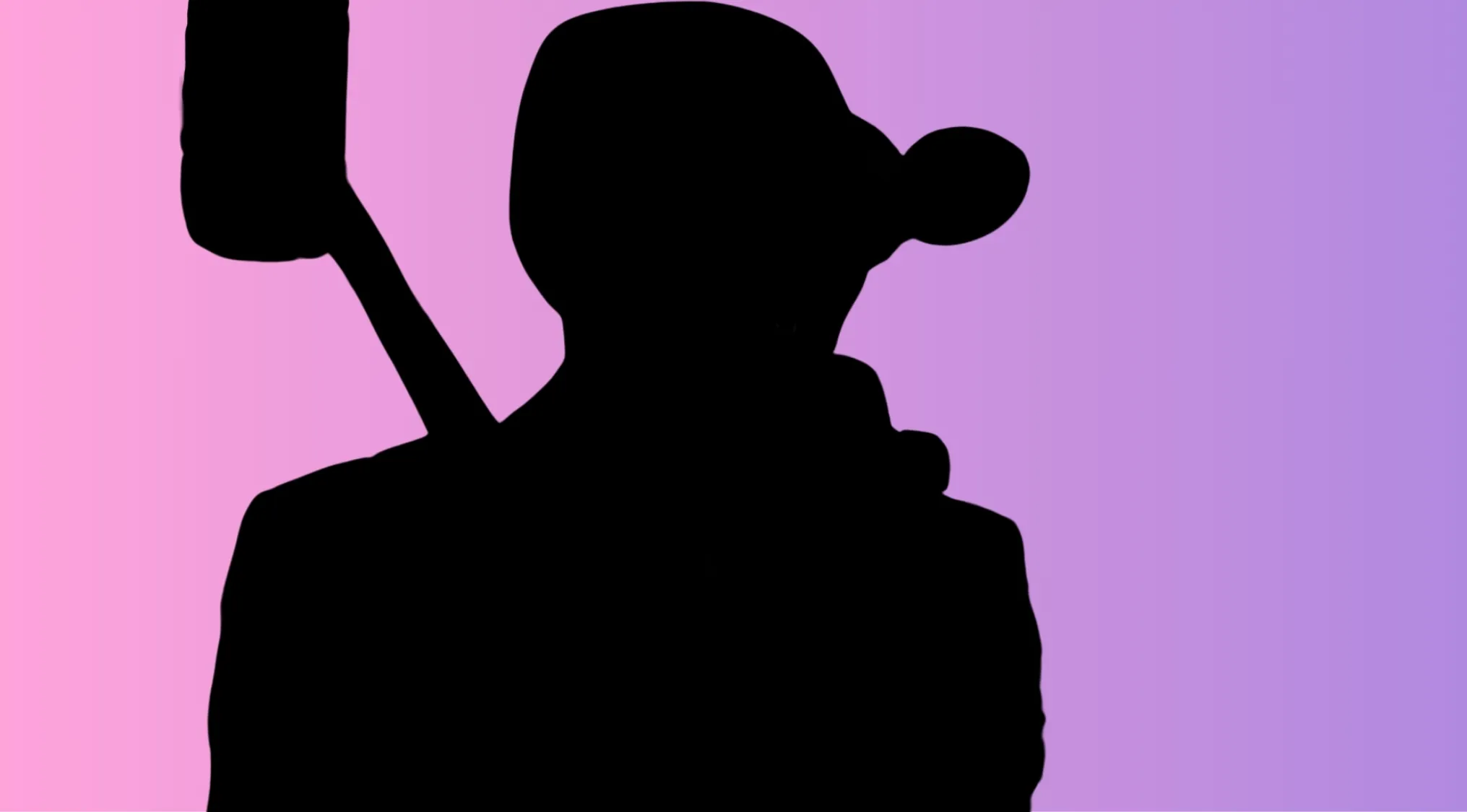 Silhouette of a character holding an object against a pink and purple gradient background in a character silhouettes quiz.