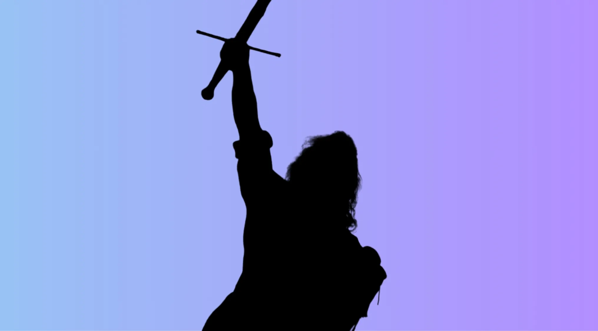 Silhouette of a character holding a sword raised against a blue to purple gradient background for character silhouettes quiz.