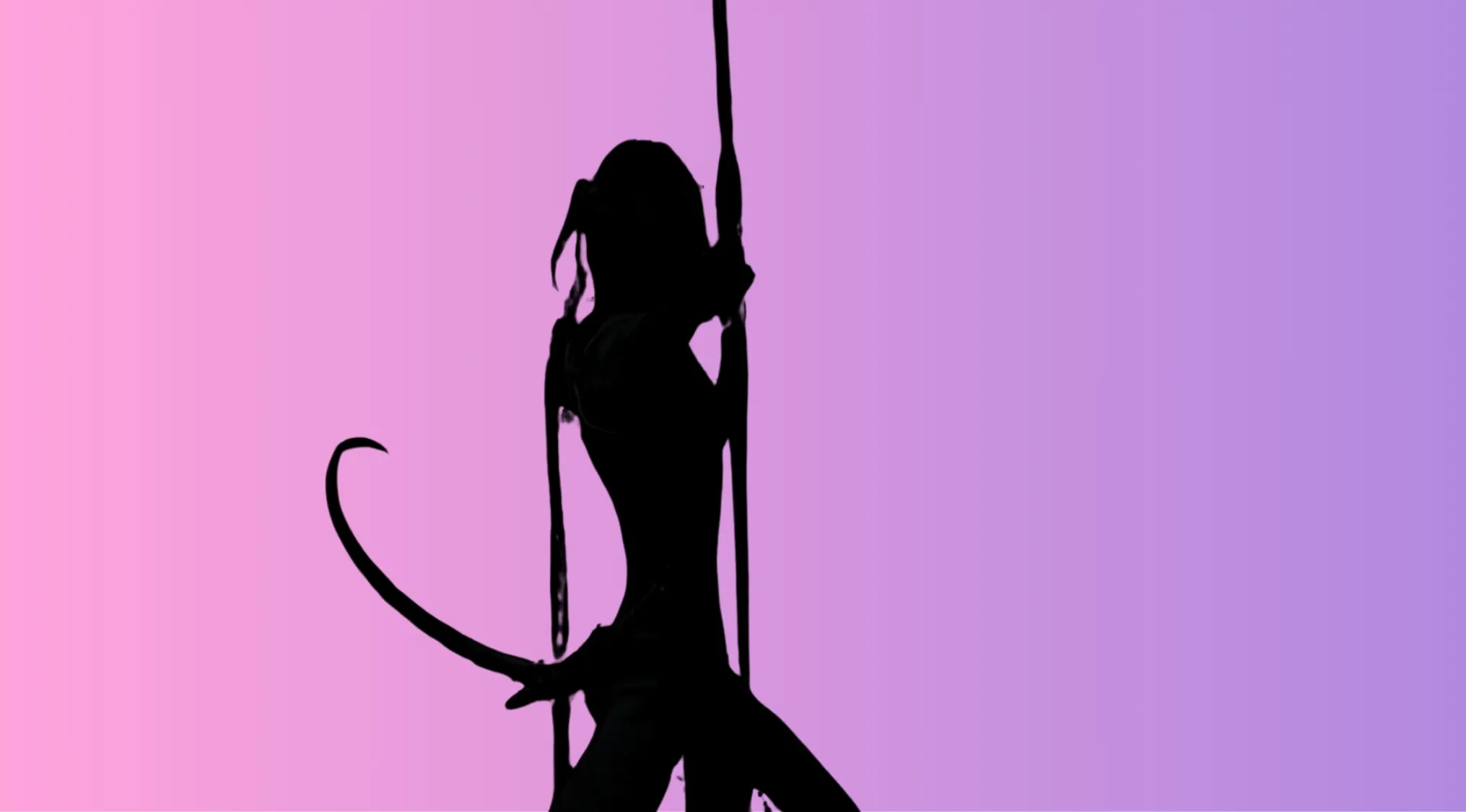 Silhouette of character holding a staff with a tail against a pink to purple gradient background for character silhouettes quiz.