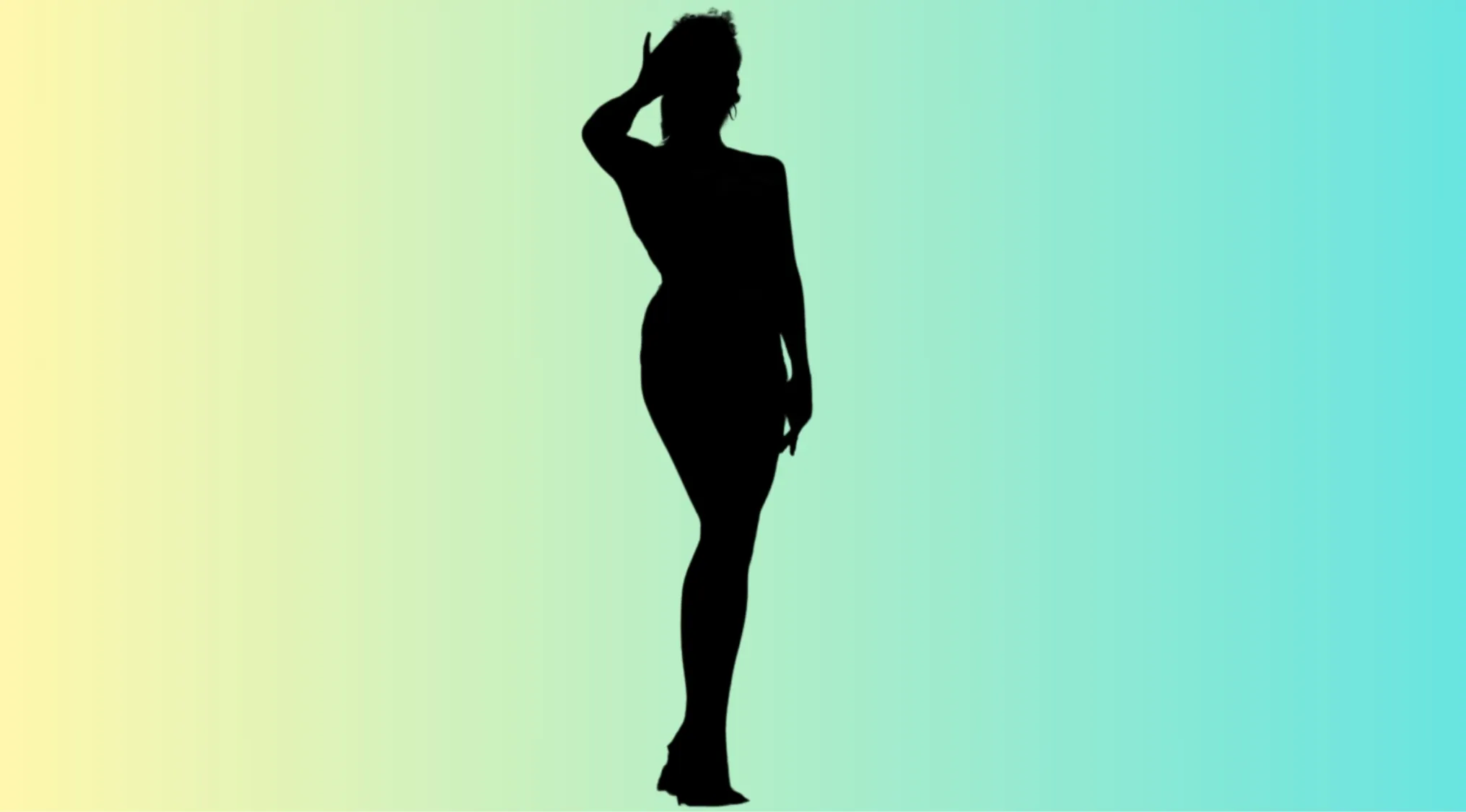 Silhouette of a standing female character against a gradient background in a character silhouettes quiz.