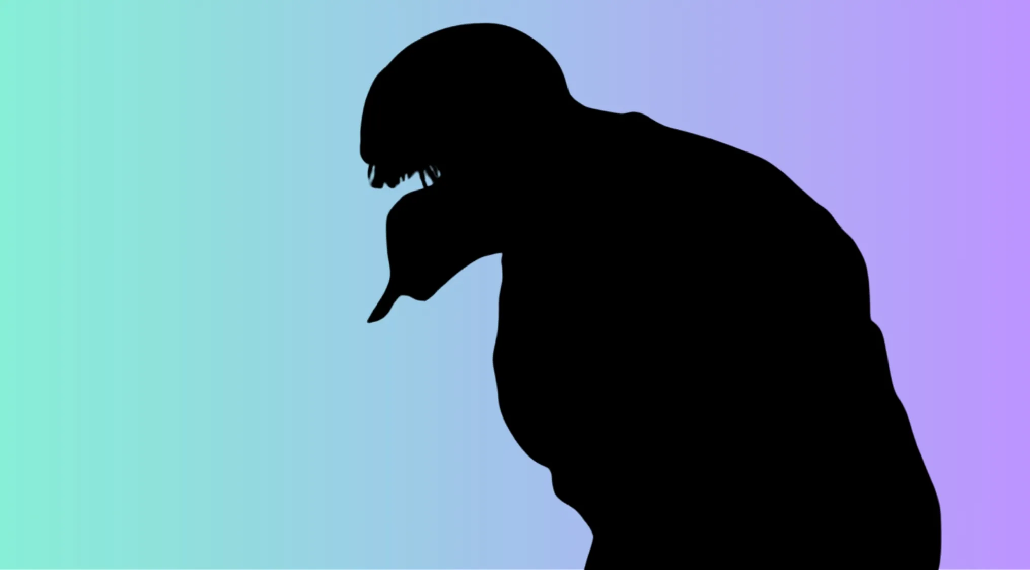 Silhouette of a mysterious character with an alien-like head against a blue and purple gradient background for quiz.