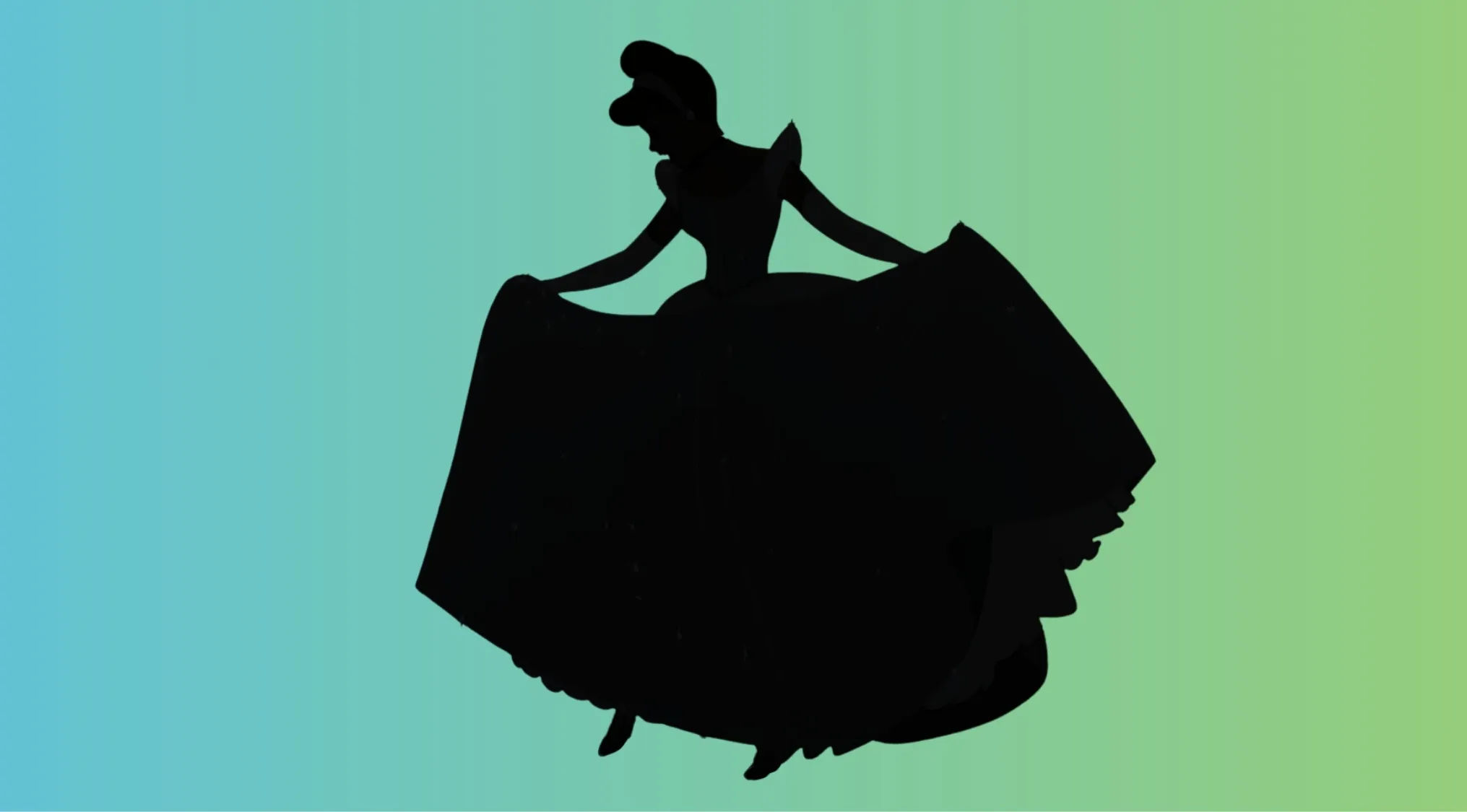 Silhouette of a Disney princess holding her dress on a blue and green gradient background for character silhouettes quiz.