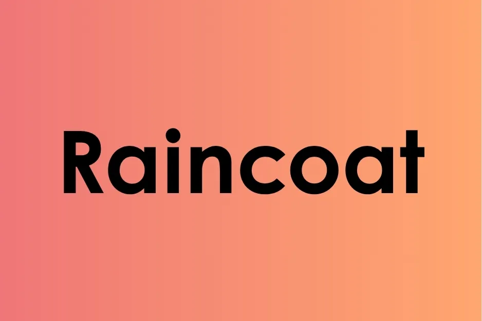 The word raincoat displayed in bold black text on a pink to orange gradient background.