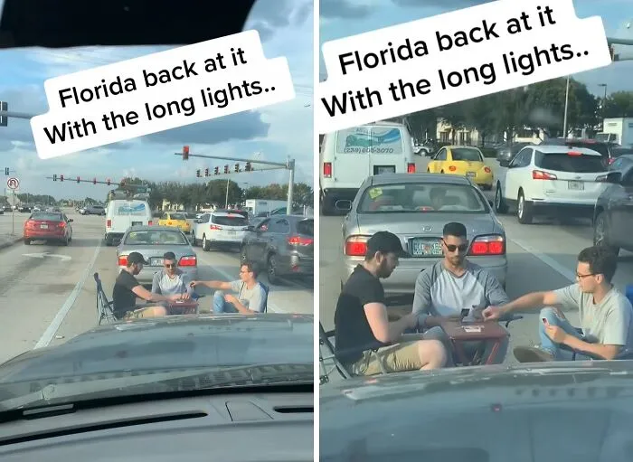 Florida Man And Two Buddies Play Cards While Waiting For The Traffic Light To Change