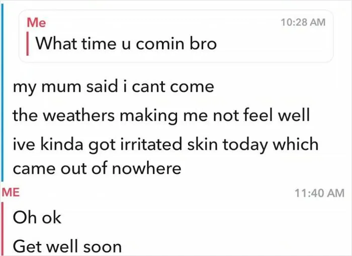 Text message conversation showing a friend making excuses, illustrating true colors of friends revealed online.