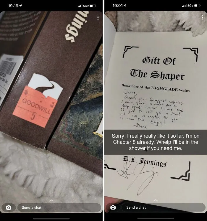 Book purchased for $5 at Goodwill and signed inside, showing true colors of friends through a thoughtful gift and note.
