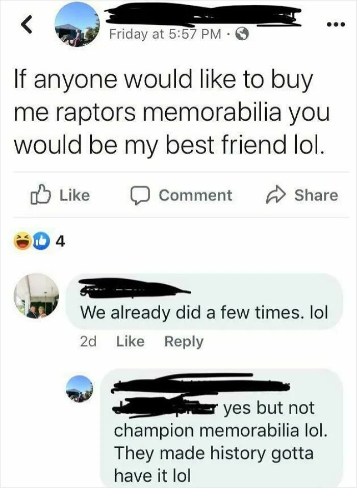 Social media post revealing true colors of friends asking for Raptors champion memorabilia as proof of loyalty.