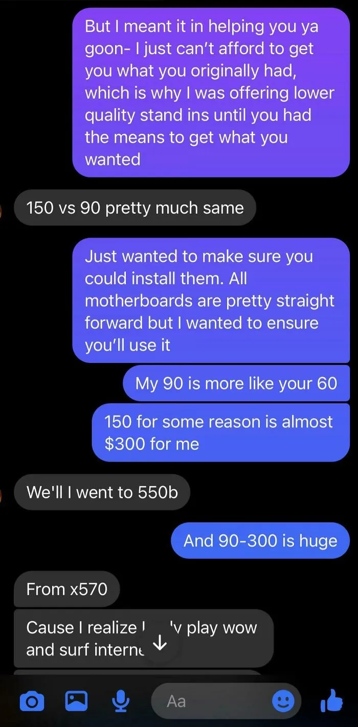 Text message conversation showing a friend offering lower quality parts, revealing true colors of friendship online.