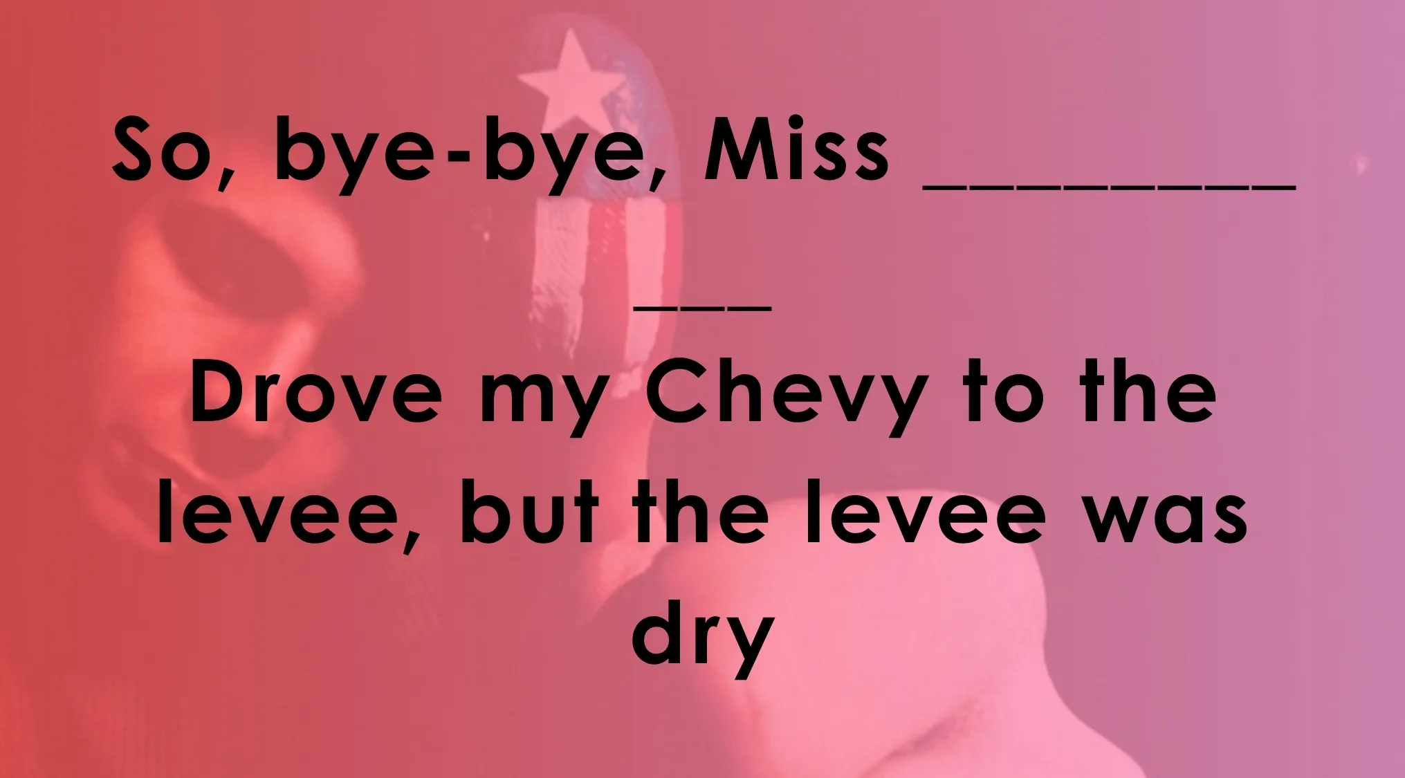 Text quiz with missing song lyrics challenging viewers to finish the lyrics of these 30 songs with a red and purple background.